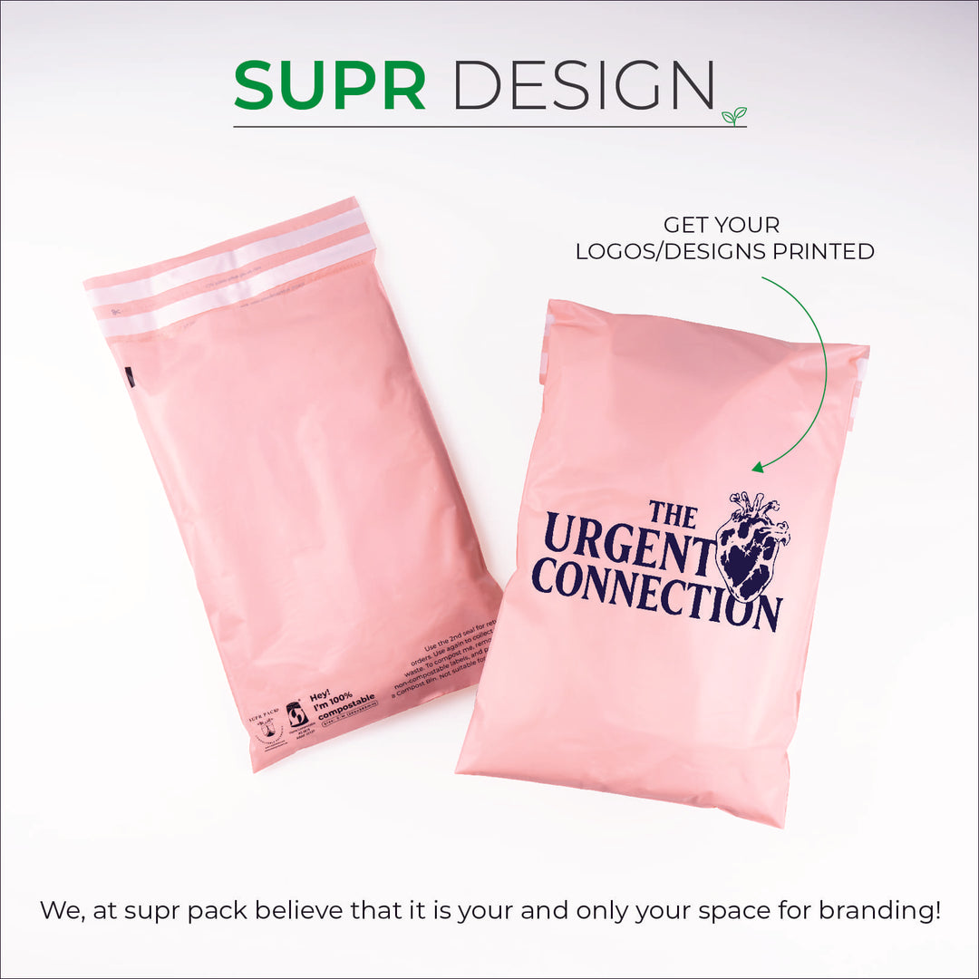 Pink Custom Compostable Mailers with low minimums