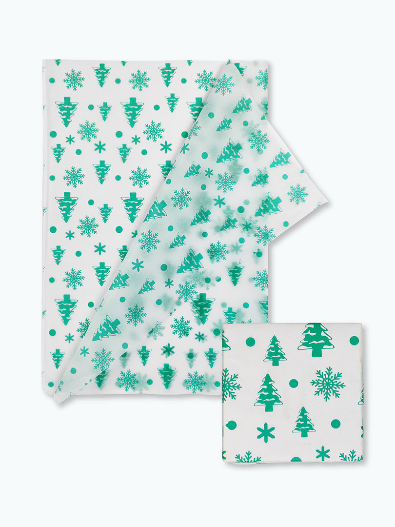 Tissue Wrapping Paper with Green Tree & Snowflakes - from Pack of 100 Sheets