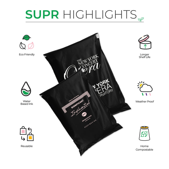 Black Custom Compostable Mailers with low minimums