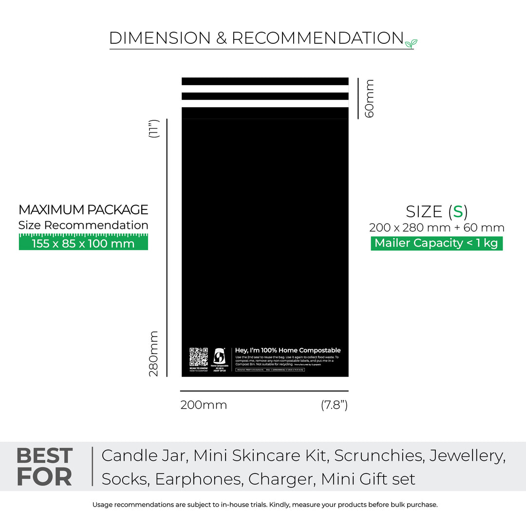 Black Custom Compostable Mailers with low minimums