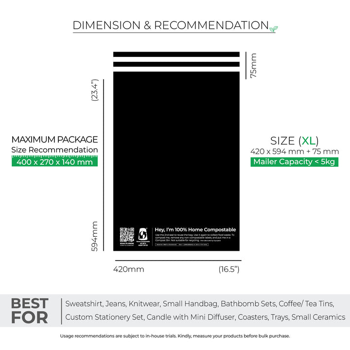 Black Custom Compostable Mailers with low minimums