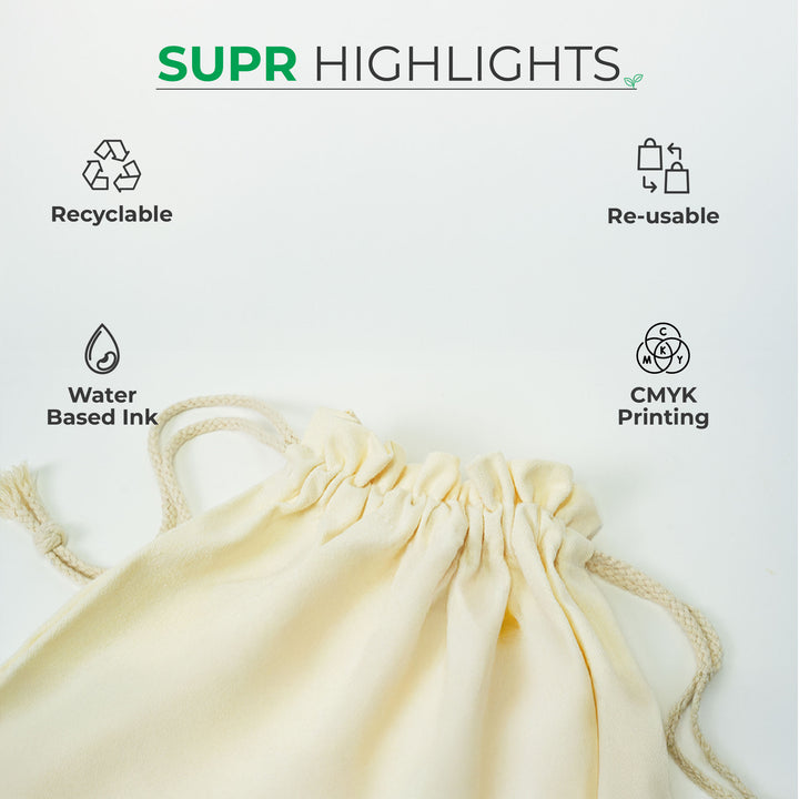 Custom Drawstring Bag Made with Recycled Cotton with Low Minimums