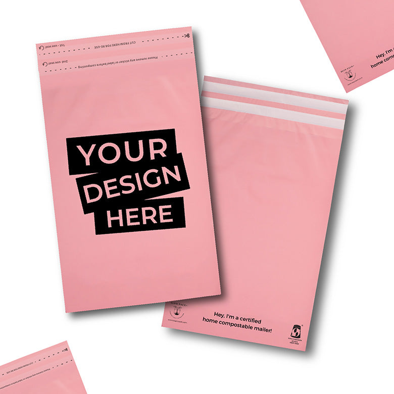 Pink Custom Compostable Mailers with low minimums