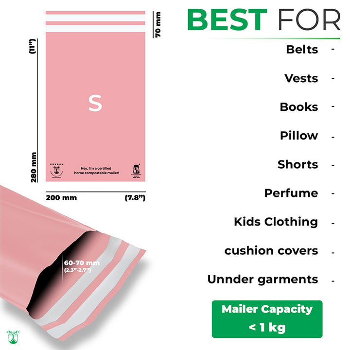 Pink Custom Compostable Mailers with low minimums