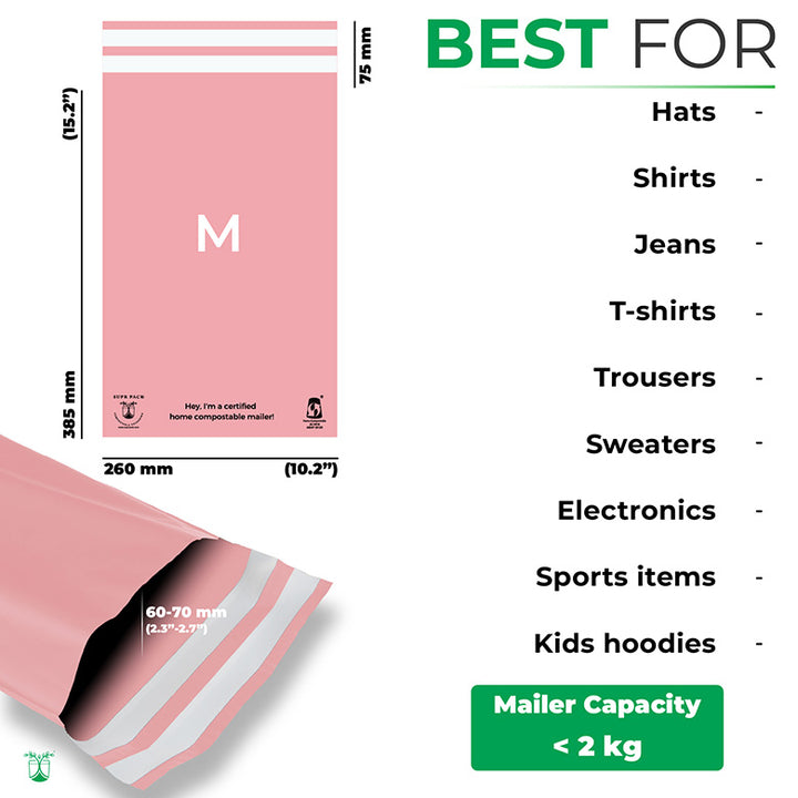 Pink Custom Compostable Mailers with low minimums