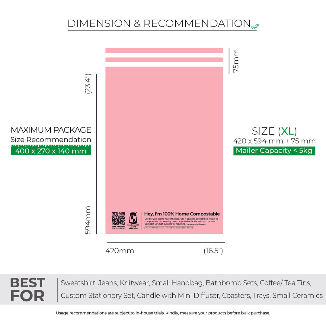 Pink Custom Compostable Mailers with low minimums