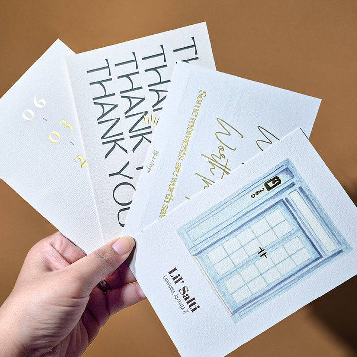 Custom print thank you cards. Luxe Finish, Textured Paper.