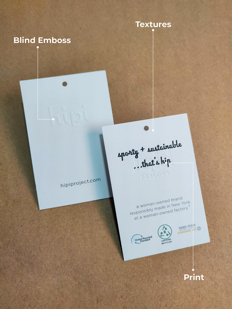 ECO-FRIENDLY CUSTOM EMBOSSED HANG TAGS WITH YOU LOGO.