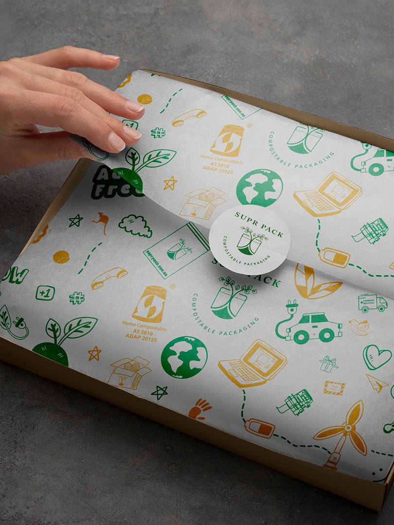 Custom Tissue Paper with 100 Custom Stickers.